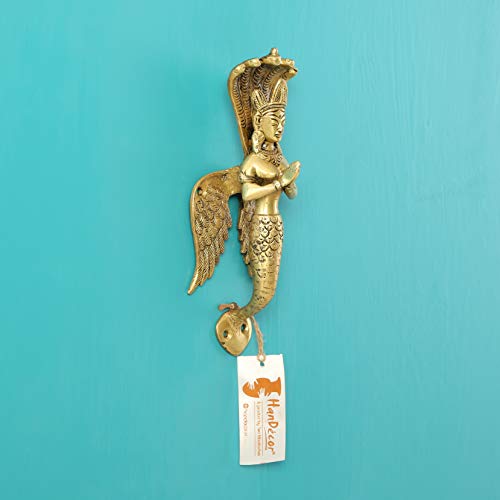 Image of Two Moustaches 8.5 Inches Nagkanya Design Brass Door Handle, Snake Lady Door Handle, Handles for Main Door, Door Pulls, Standard Size, Antique Yellow, Pack of 1