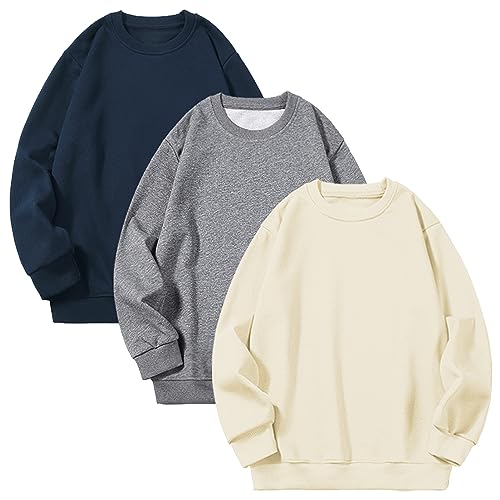 amropi Boys Sweatshirts 3 Pack Striped Long Sleeve Sport Pullover Crewneck Tops Tees Beige Grey Navy, 11-12 Years