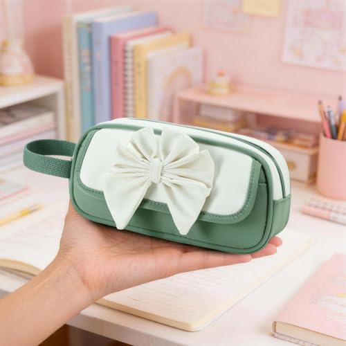 Image of Large Pencil Case for Girls Teens Kids School Zipper Pencil Pouch Green | Bowknot Organizer Pencil Bag Handle Aesthetic Big Pencil Box for School Supplies, Durable Metal Zipper, Large Capacity Design