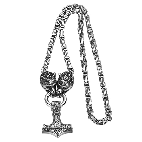 OIDEA Collier homme tête de loup double dominatrice rugueuse en acier inoxydable amulette viking norvégienne avec pendentif marteau de Thor chaîne byzantine en argent noir or doré, Acier inoxydable