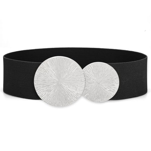 JASGOOD Ceinture Élastique Large Femme Grande Taille pour Robe Ceinture Rétro Tendance Extensible avec Double Boucle Ronde,Noir(Argenté),Taille 91-100...