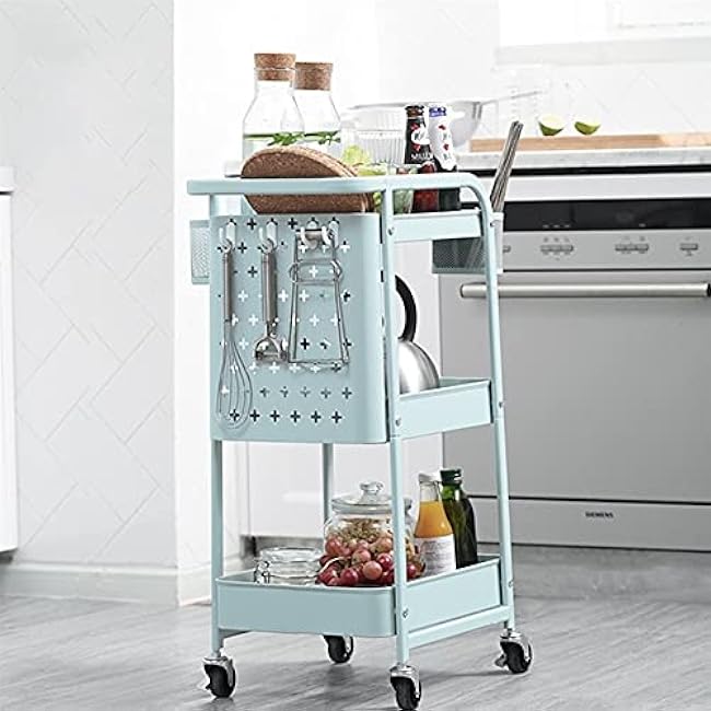 Storage Trolley, 3-Tier Kitchen Cart, Storage Cart Metal Shelving with Hooks Baskets Mobile Storage Rack for Kitchen Office Storage Trolley(Black)-fwZqNjD6