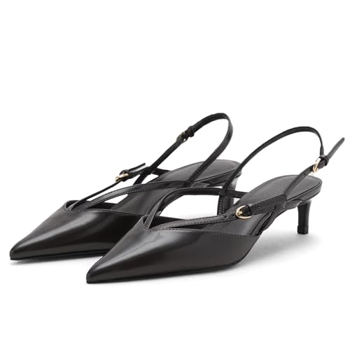 Black Kitten Heels for Women Pointed Toe Pumps Low Heel Slingback Strappy Heels with Buckle Dress Shoes for Dating Party Working