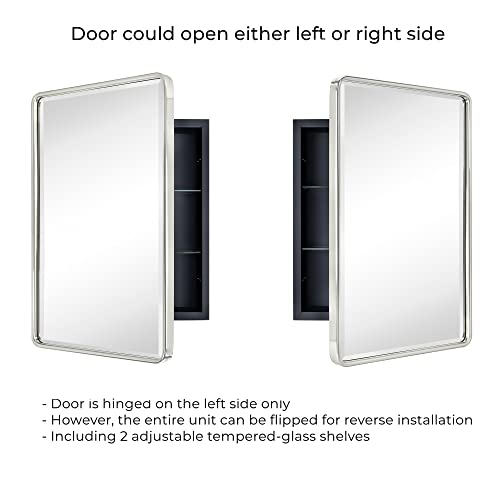 Tehome Farmhouse Brushed Nickel Metal Framed Recessed Bathroom Medicine Cabinet With Mirror Rounded Rectangle Tilting Beveled Vanity Mirros For Wall 16X24'' #TOP4