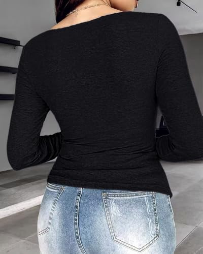 CHICME Women Long Sleeve Shirts Built-in Shelf Bra Tops Rib-Knit Top Fall Outfits3