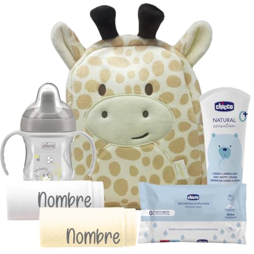 Mababyshop Mi Primera Canastilla Bebé Personalizada – Mochilas y Cestas Regalo Recién Nacido con Nombre, Regalos Originales para Recien Nacidos, Set Dermocosmética Completo (Mochila Jirafa)
