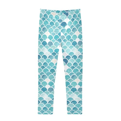 KLL Glitter Teal Mermaid Scales Pattern Toddler Baby Girl Athletic Leggings Stretch High Waisted Dance Pants Gym