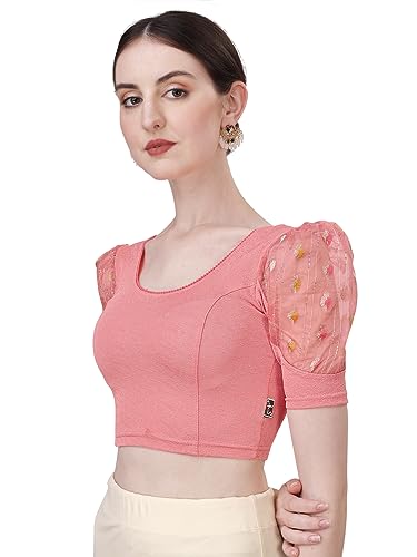 Image of SFT Women's Cotton Lycra Blend Readymade Saree Blouse with Round Neck Half Sleeves Solid Pattern Knit Weave Regular Fit and Pull On Closure