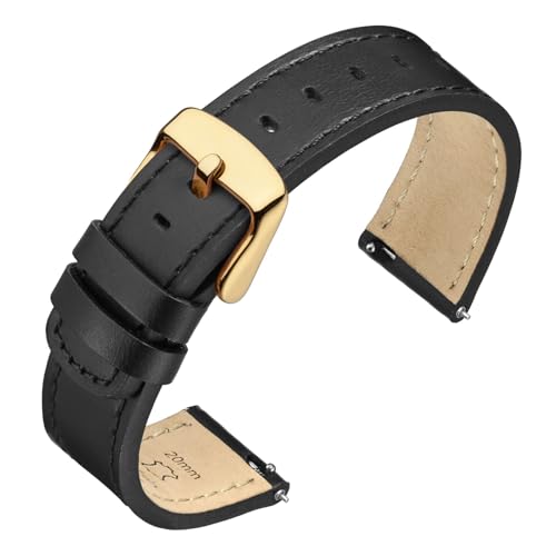 Image of ANNEFIT 18mm Watch Band with Gold Buckle, Quick Release Genuine Leather Replacement Strap (Black /Black Stitching)