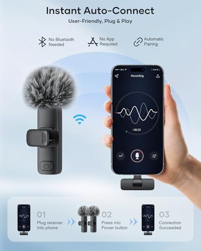 Image of KUKIHO Wireless Lavalier Microphone for iPhone iPad Android, 2 Pack Noise Reduction Lapel Mic Plug and Play for Video Recording Interview Podcast YouTube (Black)