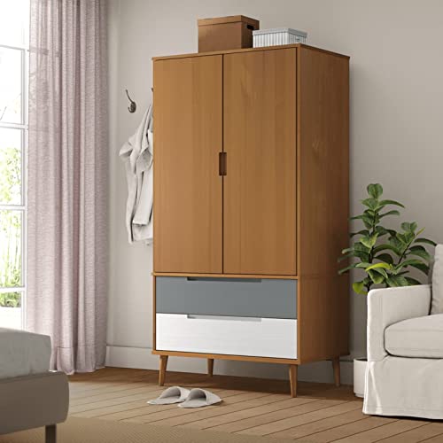 Sufrk Armario Molde marrón 90 x 55 x 175 cm de madera maciza de pino, armario multiusos, mueble multifunción escobero con 2 puertas