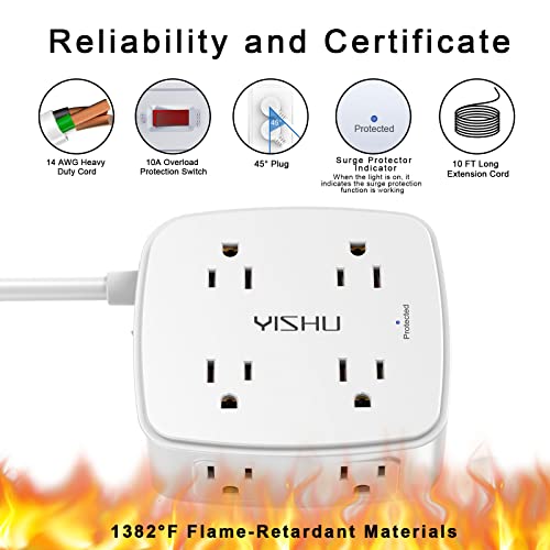 Image of 10 Ft Surge Protector Power Strip - YISHU 3 Side Outlet Extender with 8 Widely AC Outlets and 4 USB Ports, 10 Feet Extension Cord with Flat