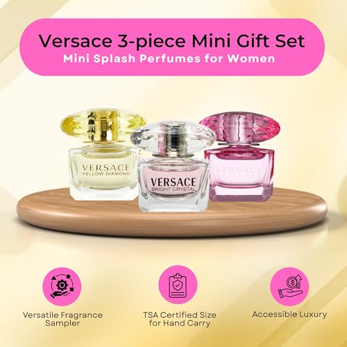 Image of Versace 3-piece Miniatures Fragrance Collection - Bright Crystal Absolu, Bright Crystal, Yellow Diamond - Gift set for Women 0.17 fl oz each | Includes Bright Crystal Absolu, Bright Crystal & Yellow Diamond Mini Perfumes, Designer Sampler, Travel Size.