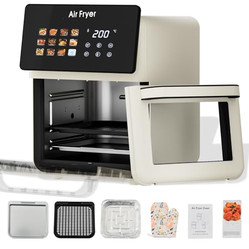 AboveMoon 10L Large Xl Pro Air Fryer Oven With Grill Combo For Kitchen Countertop Use 12 in 1 Smart Convection Ovens AirFryer With Glass View Window Basket Fryer Liners Removable Door-Beige White