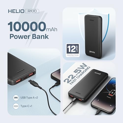 Geonix Helio R100 10000 mAh 22.5W Fast Charging Power Bank, Ultra Slim Power Bank with USB-A Output, Type C PD Output, Type C Input, Wake Up Button, 1 Year Warranty, Black view 2
