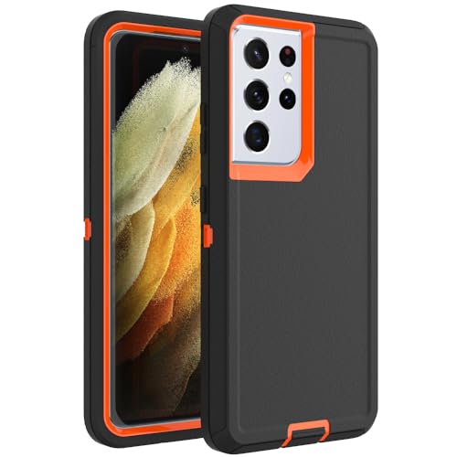 Image of Case for Galaxy S21 Ultra, Heavy-Duty Tough Rugged Shockproof Drop Protective Cover Cases for Samsung Galaxy S21 Ultra, Black+Orange