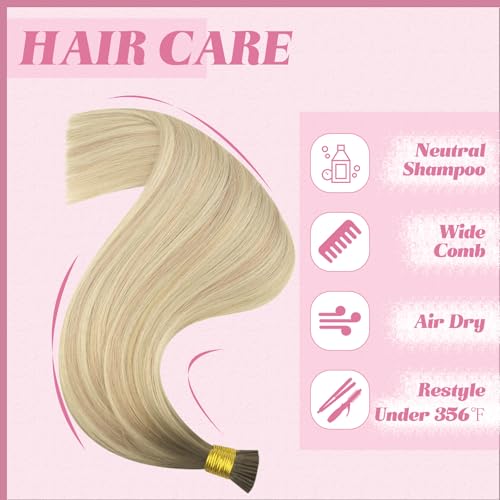Image of YoungSee Itip Human Hair Extensions Blonde, I Tip Hair Extensions Human Hair, Ash Blonde Ombre Platinum Blonde, Hair Extensions I Tip, 20 Inch 50g 50 Strands, for Natural Appearance