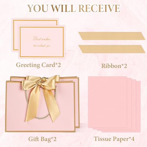 Image of JMANNI Pink Gift Bags with Handles, 11 inch Small Gift Bags with Tissue Paper | 2 Pcs Pink Gold Bags, 4 Tissue Paper and 2 Cards, for Baby Shower, Wedding Bridal Shower, Birthday Party