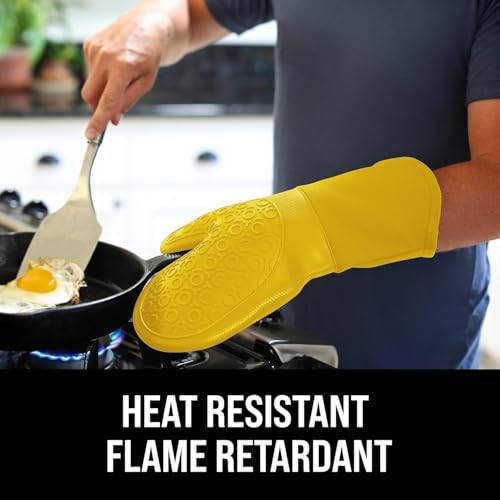 Image of BPA-Free Soft Silicone Oven Mitts - Ultra Heat Resistant Oven Mitts with Thick Cotton Liner - Long Slip Resistant Pot Holders, Flexible Oven Gloves - Yellow 13.7 inch