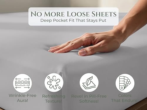 Image of Royale Linens 100% Organic Cotton Full Fitted Sheet Only - Percale Weave - Super Soft Deep Pocket Bottom Sheets - Silver Elastic Sheet - Full Size Fitted Sheets Only - (54 inchx75 inch+15 inch, Silver)
