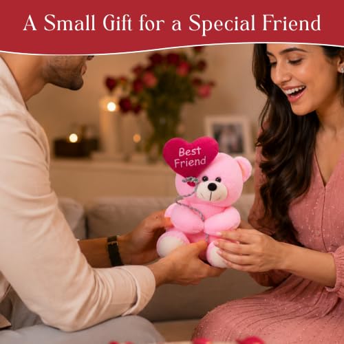 Image of Tickles Cute Teddy Holding Best Friend Heart Balloon Soft Stuffed Plush Toy for Kids Boys & Girls Friendship Birthday Gift (Color: Pink Size: 18 cm)