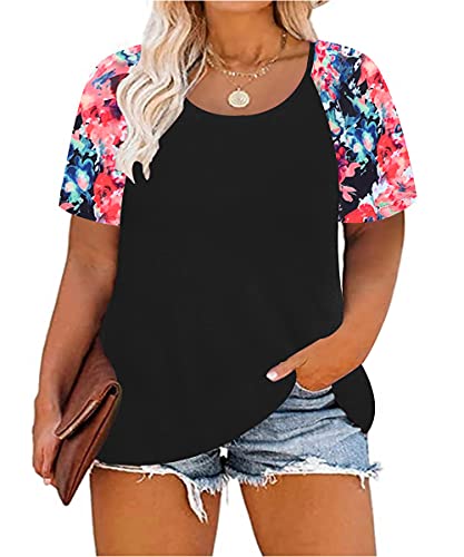 Image of CARCOS Plus Size Tops for Women Short Sleeve Raglan Striped Tee Color Block Crewneck /V Neck Tunic Loose Fit Summer XL-5XL