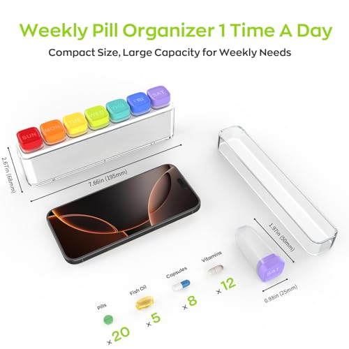 Image of HIONXMGA Color-Coded Weekly Pill Organizer Once Daily, Detachable 7 Day Travel Pill Box with Upgraded Sealing Lids, Large Portable Pill Case for Medication, Vitamins, Supplements & Fish Oils, White