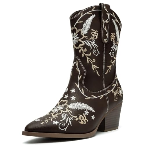 ANJOUFEMME Floral Country Cowboy Boots For Women, Womens Trendy Cute Cowgirl Boots Wide Calf, Cream Wedding Western Booties