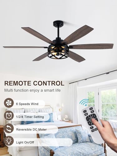 Image of 60 Inch Farmhouse Ceiling Fan with Lights Large Rustic Ceiling Fan Black Caged Fandelier Chandelier Light for Living Room Indoor Outdoor, Reversible DC Motor, 2 E26 Bulbs (Not Included)