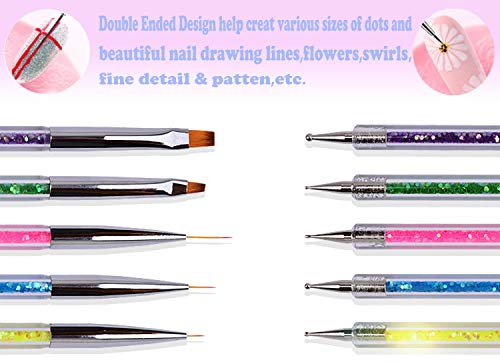 Borsun 5 Pcs Nail Art Liner Brushes, Double Ended Nail Art Design Tools Include Liner Brushes And Dotting Pen Easy Application Manicure Kits For Beginner And Home Use Diy Nail Designs #TOP2