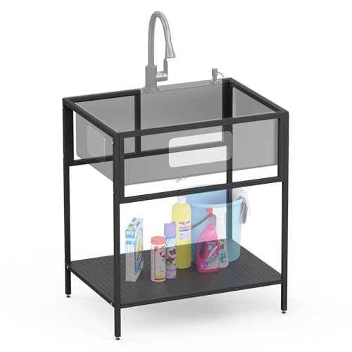 Freestanding Utility Sink Stand, 30x22 Inch Metal Black Stand With Storage Shelf For Various Drop-in New/Unused Sinks - Ideal for Garage, Laundry Room, Garden, Indoor & Outdoor Use (Sink Not Included)