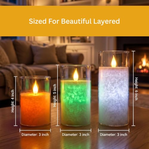 Image of LTETTES Multicolor LED Pillar Candles | Battery Operated with Remote Control | Realistic Flameless Wick | Real Glass Shell | Decorative Candles for Home Decor & Festival | Set of 3