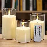 KNOURT Flameless Candles with Remote and Timer, Ivory Acrylic Battery Operated Flickering LED Pillar Candles for Romantic Ambiance and Home Decoration, 3Pack (D:3.2' x H:4' 5' 6')…