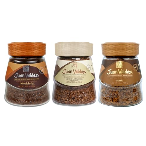 Juan Valdez Freeze-Dried Instant Coffee Bundle - Regular (3.5 oz), Dulce de Leche (3.35 oz) & Vanilla Cinnamon (3.35 oz) | 100% Colombian Arabica Beans | Premium Colombian Coffee
