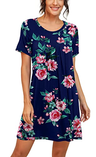 Image of PrinStory Nightgowns for Women Short Sleeve Night Gowns Pleated Sleep Shirt Ladies Nightshirt Soft Sleepwear