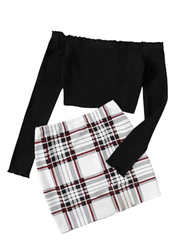 SHENHE Women's 2 Piece Outfits Off Shoulder Ribbed Long Sleeve Crop Top and Plaid Mini Skirt Set