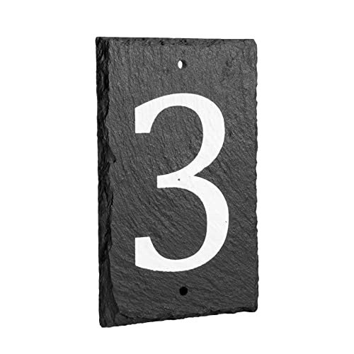 Number 3-14.5 x 9cm Natural Solid Slate House Number Plaque (0-9) Indoor & Outdoor Rustic Door Numbers Sign Including Fixings & Caps - by Nicola Spring