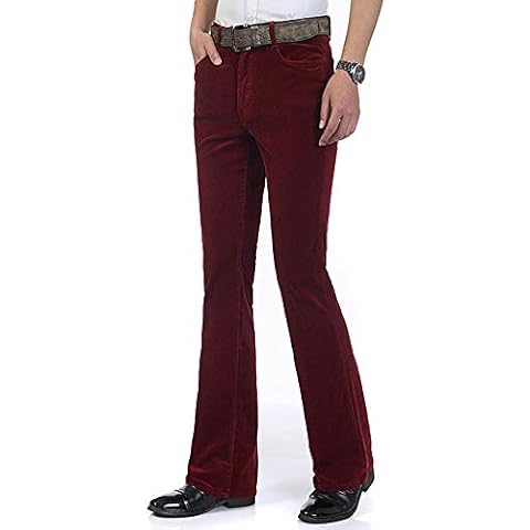 HAORUN Men Corduroy Bell Bottom Flares Pants Slim Fit 60s 70s Vintage Bootcut Trousers Wine Red Cover