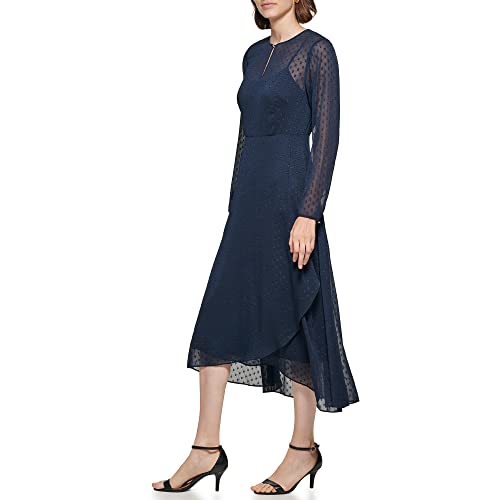 Image of Tommy Hilfiger Women's Long Sleeve Keyhole Neck Chiffon Hi-lo Midi Dress