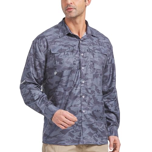 mosingle Camisas de safari para homem, manga comprida, para pesca, caminhadas, leves, de secagem rápida, para proteção UV, caminhada, viagem ao ar livre, Camuflagem, L