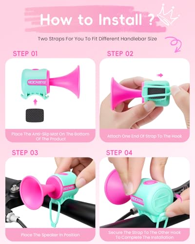Bike Horn 120dB Loud Pink Bicycle Horn,Kids Bicycle Horns for 22.2-32mm Handlebars with Safe Battery Compartment,Easy Installation Children Bicycle Bell for Kids & Women Bike/Scooter/Ebike