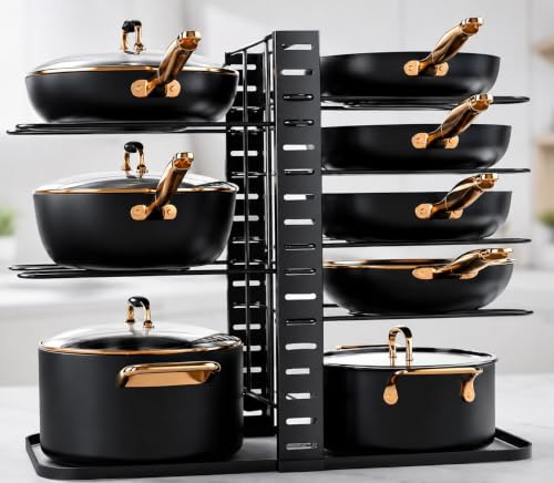 Image of 8-Tier Pots and Pans Organiser Rack for Cabinet, Adjustable Black8-Tier Pots and Pans Organizer Rack for Cabinet, Heavy Duty Adjustable Cookware Storage H (Upgraded)