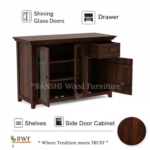Image of BWF Premium Sheesham Shining Glass Door Storage Cabinet for Home, School, Office, Shop, Medical Clinic & Garage | Best Choice of Kitchen Crockery Storage | Wooden Chest (Walnut)