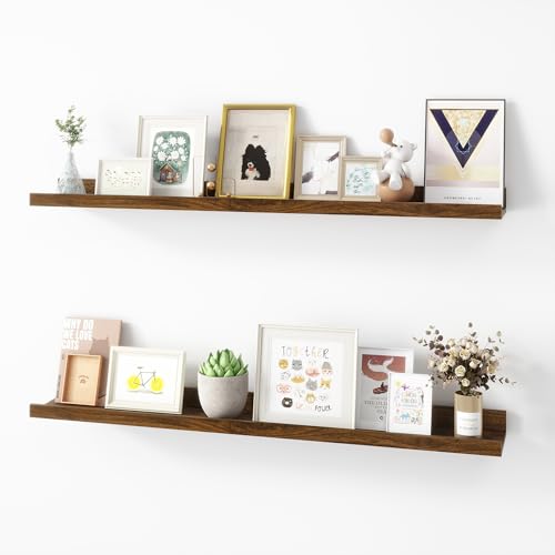 Image of Acovy Picture Ledge Shelf, Wood Floating Shelves Set of 2, 36 inch Picture Ledge Shelves, Photo Ledge Nursery Book Shelves Wall Mounted for Living Room Kids' Room Bedroom, Color Walnut