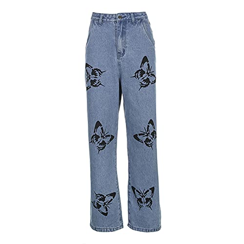 Eauptffy Dames Butterfly Denim Jeans Straight Jeans Y2K Stijl Brede Been Hoge Taille Jeans Harajuku Broek Stretchy Baggy Loose Streetwear Rechte Jeans met Brede Been Casual Broek - Image 6