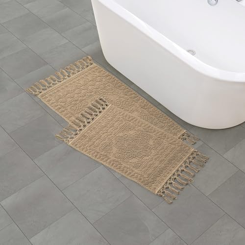 French Connection Nellore Bath Rugs, Set of 2 Woven and Beaded Bath Mats, Durable and Thick Bath Mats for Bathroom and Shower Rugs, 17' x 28' and 20' x 38', Taupe