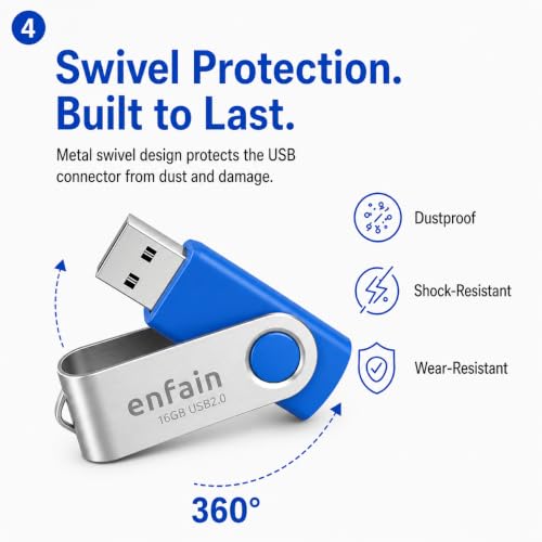 Image of Enfain Swivel USB Flash Drive 10 Pack, Blue Thumb Drives with Labels and Gift-Ready Box, 16GB USB 2.0 for Office, Classroom, Training, Team File Sharing