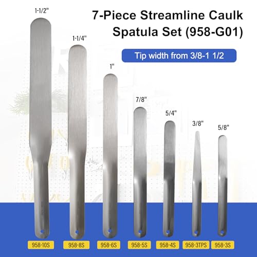 7-Piece Caulking Spatula Set, 958-G01 Caulk Finishing Tool Espatulas Para Construccion, Stainless Steel Streamlined Caulk Applicator Tool, Spatula Tip Widths From 3/8” To 1-1/2” Easy To Handle - Thumbnail 2