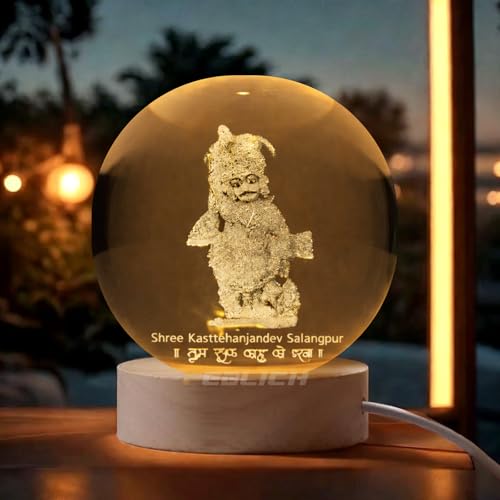 Image of 3D Hanuman Crystal Ball Night Lamp, Solar System Hanuman Crystal Ball Night Light, USB Table Colorful LED Wooden Crystel Ball for Home, Office, Birthday Gift (Kashtbhanjan Dev)