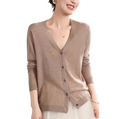 Image of Women's 100% Merino Wool Lightweight V-Neck Cardigan Sweater Button Down Long Sleeve Knitwear Outwear Tops